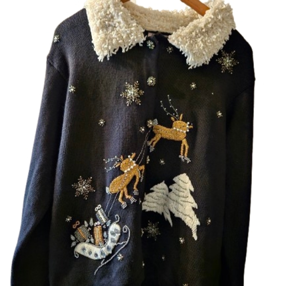 Vintage 90's Basic Editions Black Christmas Sweater Cardigan Beaded Embroidered